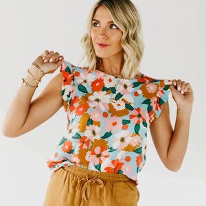 Floral, colorful ruffle sleeve top - Size Medium